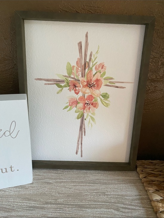 Hobby Lobby Other - Hobby Lobby Peach and Green Floral Cross Wall Art
